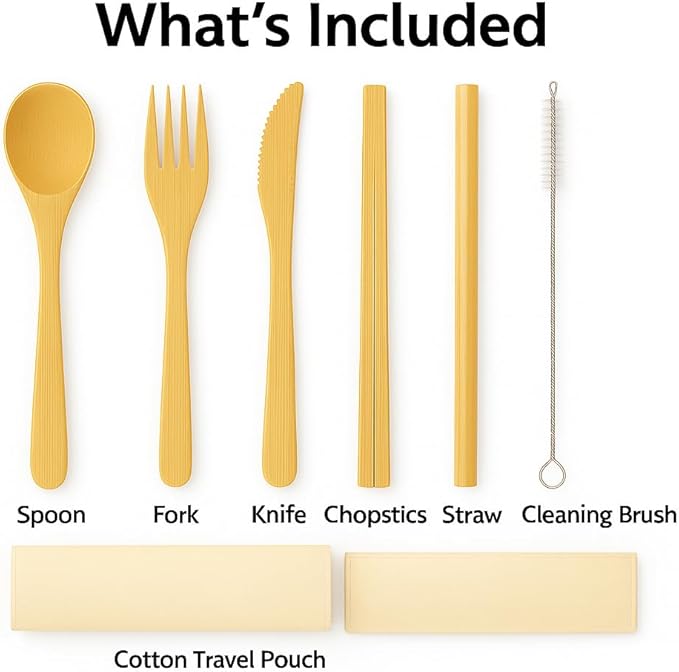 Bamboo Utensil Set with Case – Reusable Travel Cutlery & Portable Flatware Kit with Wooden Fork, Spoon, Knife, Chopsticks, Straw – Zero Waste Lunch Box Essentials for Work, Camping, Picnic