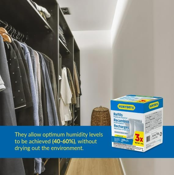 HUMYDRY Moisture Absorbers Refills for 8.8 Oz Dehumidifier, 18 Count, 6 Packs of 3 Humidity Absorber Bags, Pre Measured Non Electric Refill Bags for Closets Bathroom and Small Enclosed Spaces