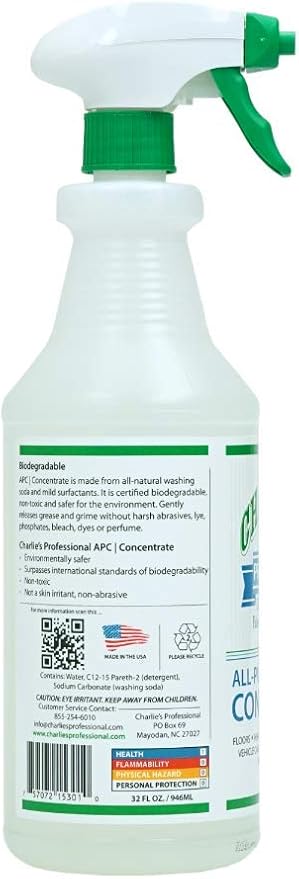 CHARLIE'S PROFESSIONAL Biodegradable Non-Toxic All Purpose Cleaner Concentrate, 32oz Spray Bottle