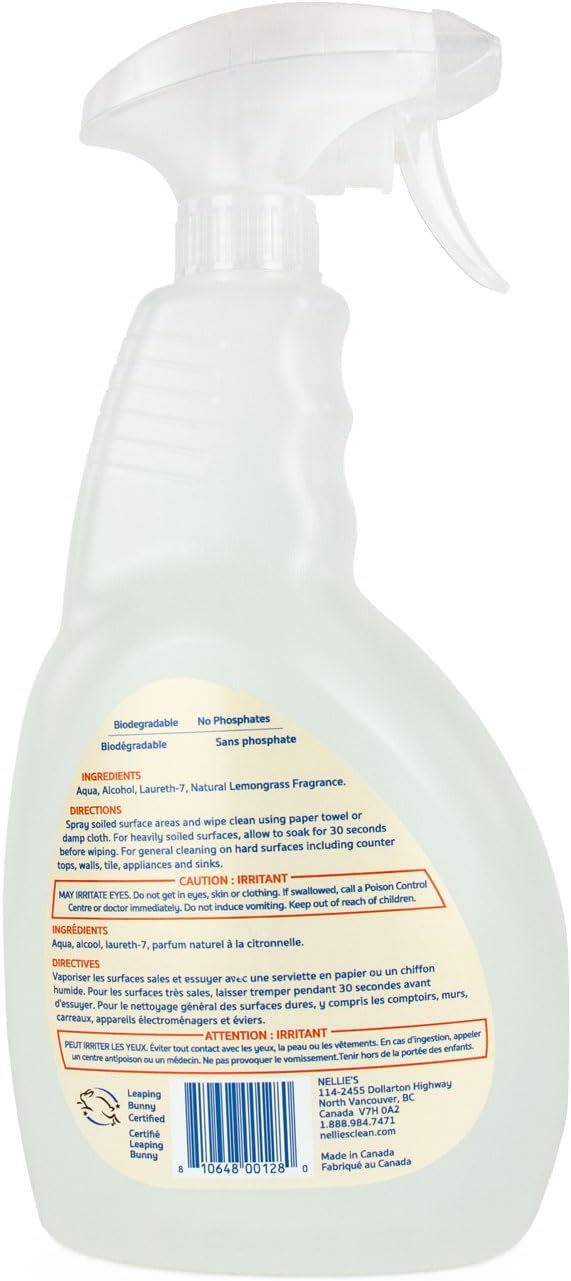 Nellie's All-Purpose Cleaner - Lemongrass Scent - Multi-Surface Cleaning for Kitchens, Bathrooms, and More - Plant-Based Formula - Leaping Bunny Certified - Free from Harsh Chemicals (Made in Canada)