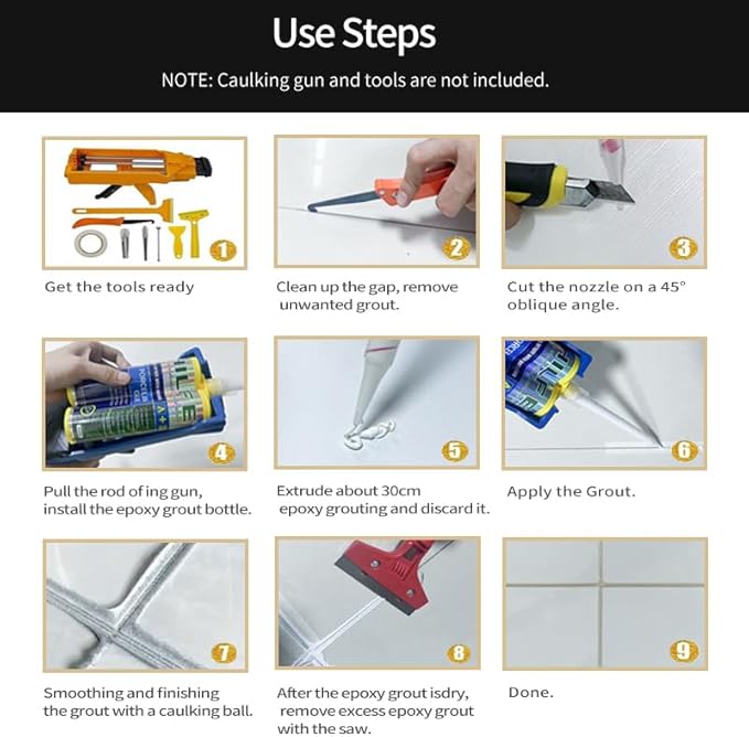Epoxy Grout Porcelain White , Waterproof Auto-mix Dual Tubes Tile Grout 19 oz 410ml, Reconstruct Grout Line for Shower Bathroom Kitchen Swimming Pool, Wall and Floor,Caulk Gun NOT Included (1, White)