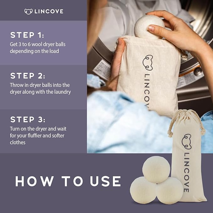 Wool Dryer Balls, 3 Pack – Natural Fabric Softener for Laundry, 100% Organic, Reusable for 1000+ Loads, Anti-Static, Reduces Drying Time, Baby Safe & Hypoallergenic Comes with Lincove Storage Bag