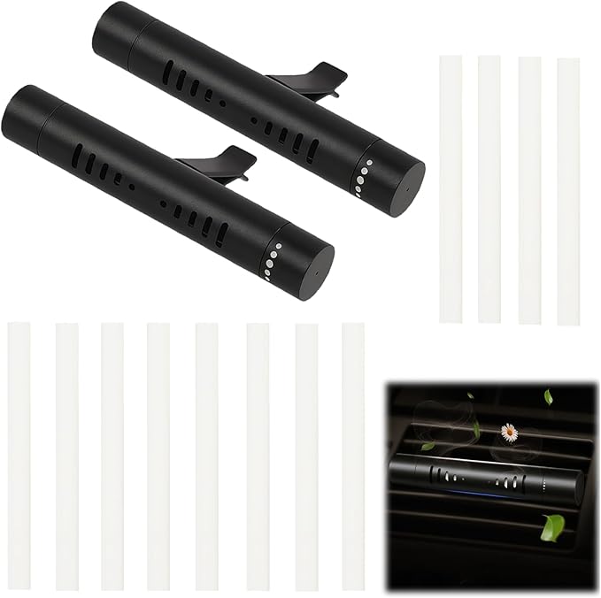 2 Pcs Car Air Essential Oil Diffuser Vent Clip with 12 Pcs Odorless Refill Sticks, Premium Aluminum Air Freshener Diffuser Suitable for Cars, Office, Kitchen (Black, 2 Pcs)