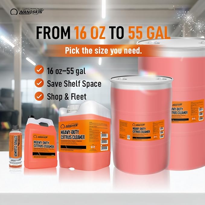 NANOSKIN Heavy-Duty Citrus Cleaner & Degreaser Concentrate 55 Gallon, Low-Foam Solvent, Dilutes up to 1:32, Cuts Grease Tar Adhesives, Safe on Metal Concrete Engines, For Auto Detailing, Shop & Home