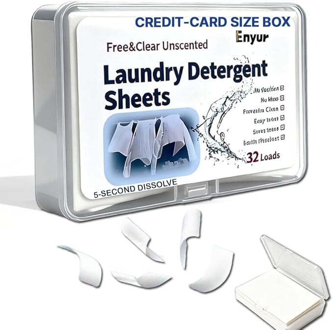 Fragrance-Free Laundry Sheets (32 Loads) - Ultra-Concentrated Travel Detergent in Compact Storage Box, 5-Second Dissolve, 2X Stain Removal, HE-Safe, TSA Approved Detergent Sheets
