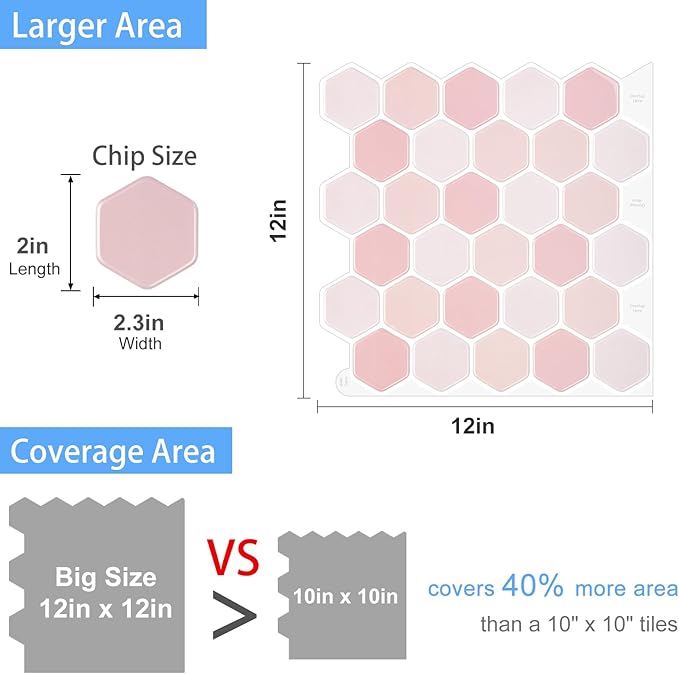 Hexagon Tiles Peel and Stick Backsplash for Kitchen, 10-Sheet Stick on Tiles Kitchen Backsplash, Pink 3D Peel and Stick Wall Tile(12''×12'')