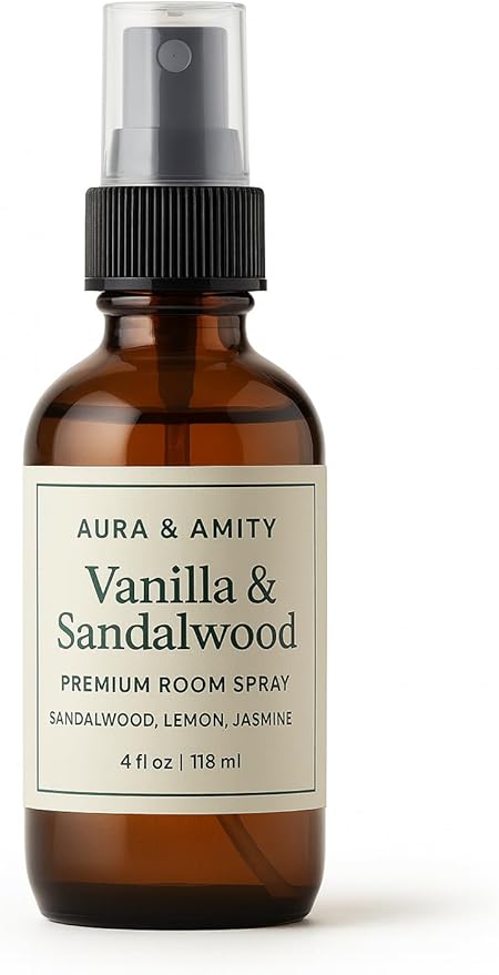 Aura & Amity Premium Room & Linen Spray – Handmade Luxury Fabric & Home Fragrance Mist, Long-Lasting & Eco-Friendly (Vanilla & Sandalwood)