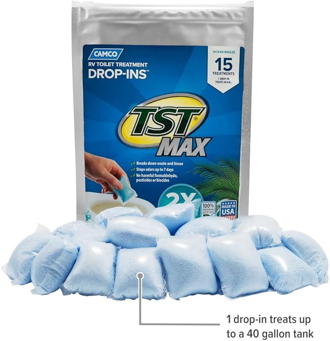 Camco TST MAX RV Toilet Treatment Drop-INs - Control Unwanted Odors and Break Down Waste and Tissue - Septic Tank Safe - Ocean Breeze Scent - 15-pack (41614)