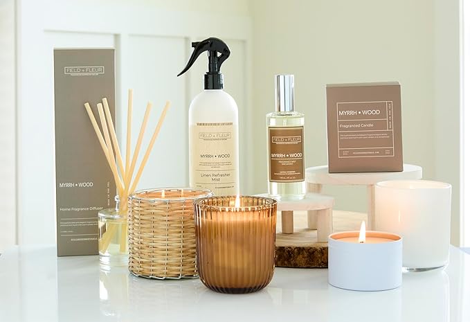 FIELD FLEUR Myrrh Wood Linen & Room Spray 15.5 oz - Aromatic & Refreshing Bedding & Fabric Mist - Air Freshener for Clothes & Sofas - Notes of Patchouli, Myrrh, Amber & Sandalwood - Made in USA