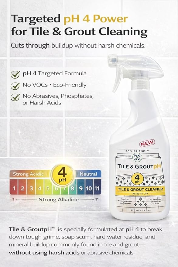 Tile & Grout pH – Eco-Friendly Acidic Tile & Grout Cleaner (pH 4) – Removes Hard Water, Soap Scum & Grime – No VOCs, Biodegradable, 25 fl oz