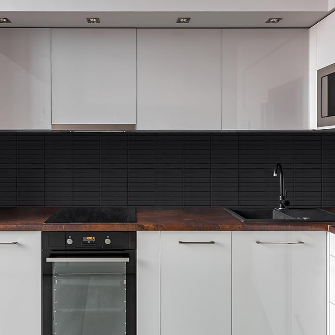 Peel and Stick Finger Tiles for Kitchen, Premium Large Design Matte Black Tiles Stick on Backsplash for Bathroom, Kitchen, RV, Etc(10-Sheet,12''×12'').