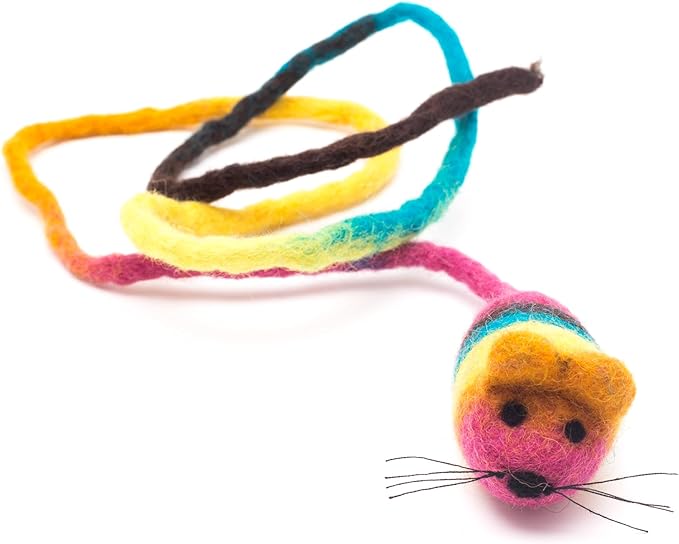 Glaciart One Felt Mouse Cat Toy β Soft Fuzzy Enrichment 100% Natural Wool - Interactive Catnip Play Cat Toy Set - Safe for Pets, Non-AZO Colored Dyes - 42β Long