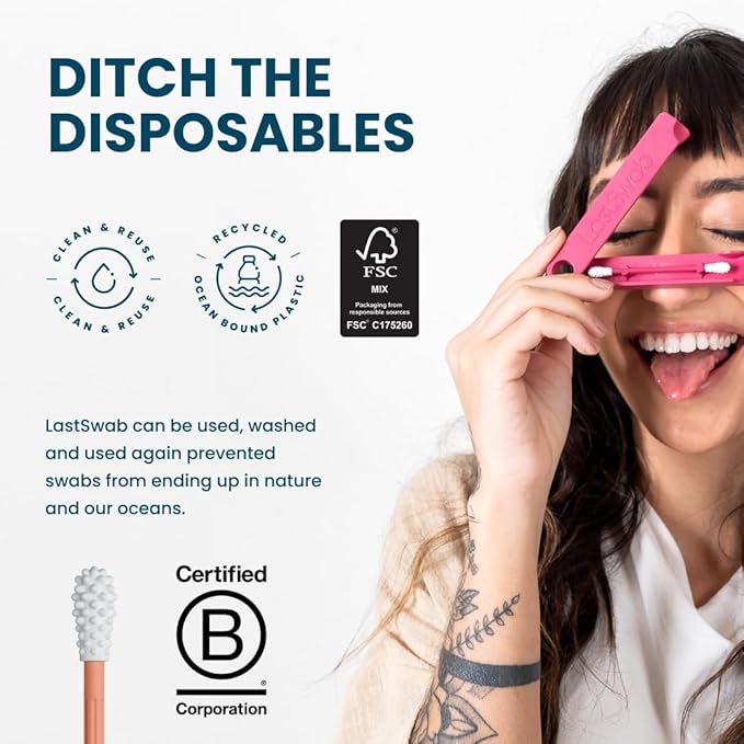 LastSwab Reusable Cotton Swabs for Ear Cleaning - The Sustainable and Sanitary Alternative to Single-Use - Zero Waste and Easy to Clean Comes with a Convenient Travel Case Holder - Peach