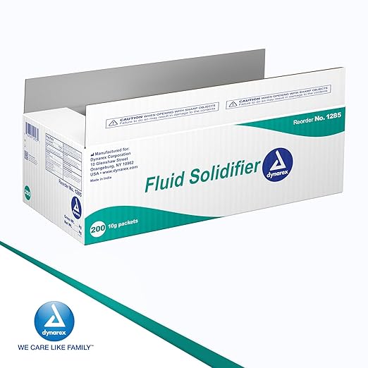 Dynarex Fluid Solidifier Powder - Absorbent & Deodorizing Gelling Agent - Turns Up to 300cc Liquid Waste & Bodily Fluids Into Gel for Disposal - Zero Chlorine - Portable 10g Packets, Bulk 200-Count