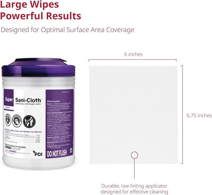 Super Sani-Cloth Germicidal Disposable Wipe, Hospital Grade Disinfection, 160 Large 6" x 6.75" Wipes Each, Case of 12 Canisters