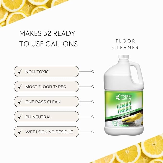 Hygea Natural Lemon Fresh Concentrated All Purpose Cleaner - Non Toxic - Removes Soil, Dirt & Grease - Wet Gloss Finish - Biodegradable, pH-Neutral & Ammonia Free (128oz Concentrated Gallon)