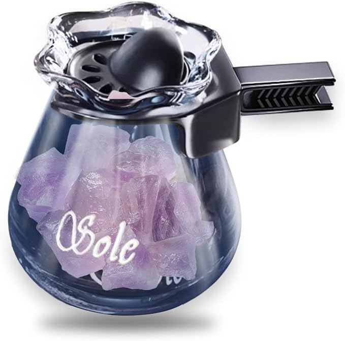 Car Diffuser Glass Bottles with Crystals Natural Stone for Spreading Essential Oils,Blue Lotus Design Glass jar as air freshener Vent Clip,car Vent Decor Accessories Pack of 2 (Purple + Purple)