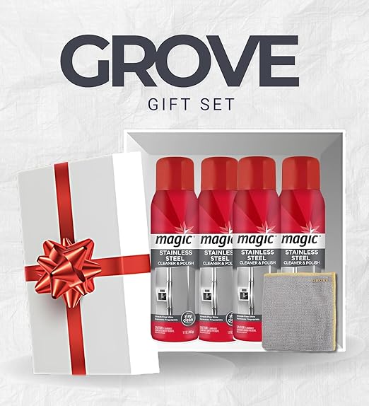 4x Stainless Steel Cleaner 17 oz by Magic β Polish Wipes Bundle with Microfiber Towel β Foaming Formula Clings to Surfaces, Easy Application for Shiny Stainless β Gift Set (5 Items)