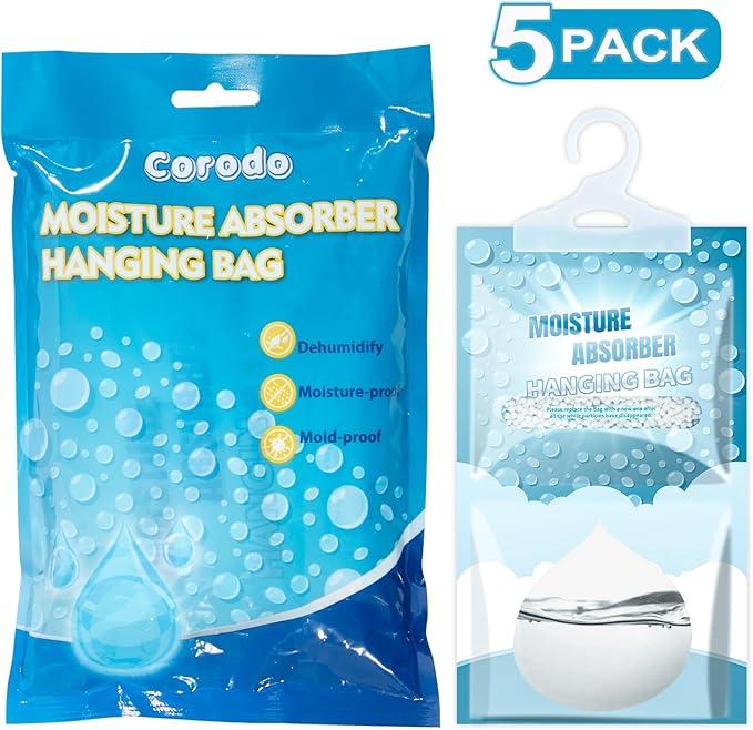 Moisture Absorbers Packets - 5 Pack Hanging Moisture Absorbers Dehumidifier Bags for Closet Bathroom Kitchen, Fragrance Free Humidity Absorber Packs, Removes Moisture & Odors
