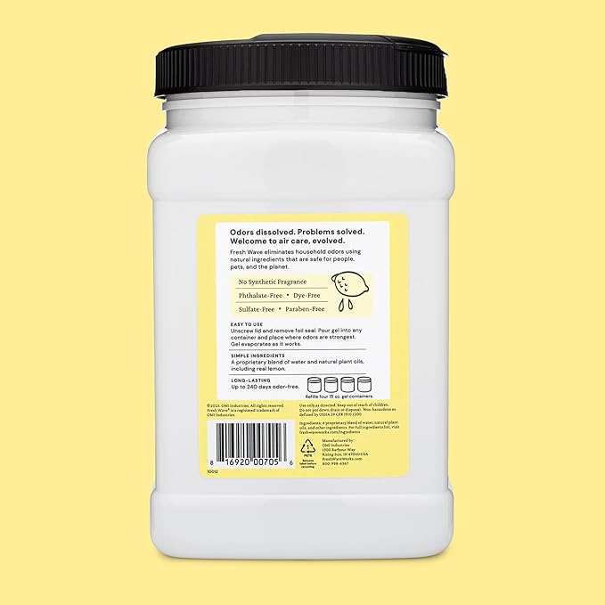 Fresh Wave Lemon Odor Removing Gel Refill, 63 oz. - Safer Odor Absorbers for Home, Natural Plant-Based Odor Eliminator, Every 15 oz. lasts 30-60 Days, For Cooking, Trash & Pets (Pack of 2)
