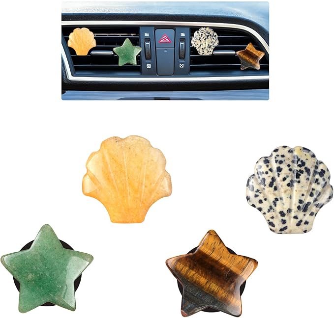 Boho Car Vent Clips,4pcs Beach Car Decor Air Freshener Diffuser Vent Clips,Pentagram Stars Seashell Natural Stone Decoations for Women,Best Wishes for Lover and Friend