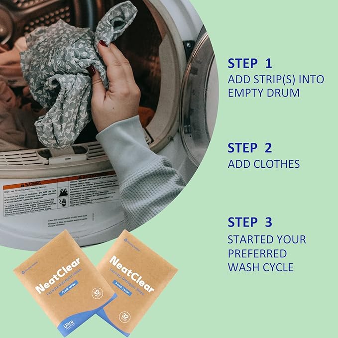 Eco-friendly Laundry Detergent Sheets, Travel Size Liquidless Soap Sheets NeatClear | No Mess & Space-Saving, Great For Travel, Apartments, Dorms | Fresh Linen Scent 32 Laundry Strips (32 Loads)