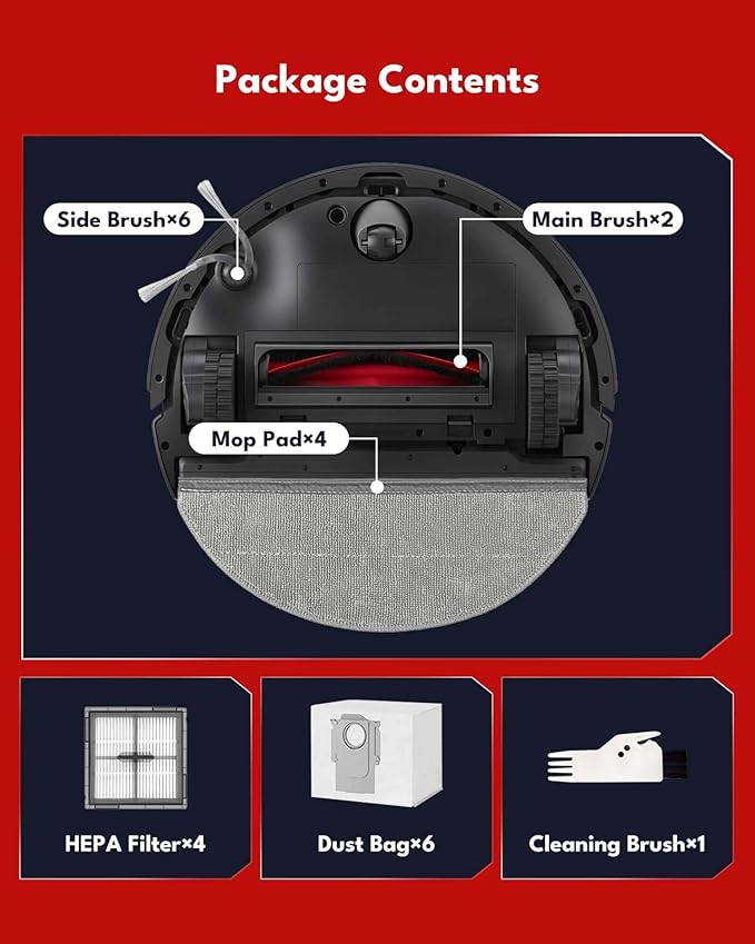 24 Pcs Accessories Kit for Roborock Q10 X5+/Q10 PF+ Robot Vacuum Cleaner, Replacement Parts with 2 Main Brush, 6 Side Brushes, 4 HEPA Filters, 6 Dust Bags, 4 Mop Pads, 1 Cleaning Brush