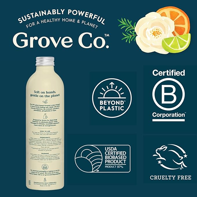 Grove Co. Hydrating Gel Hand Soap Refills (3 x 13 Fl Oz) | Plastic-Free Liquid Hand Soap Refill Set, Leaves Hands Soft and Clean, 100% Natural Lemon & Eucalyptus Fragrance