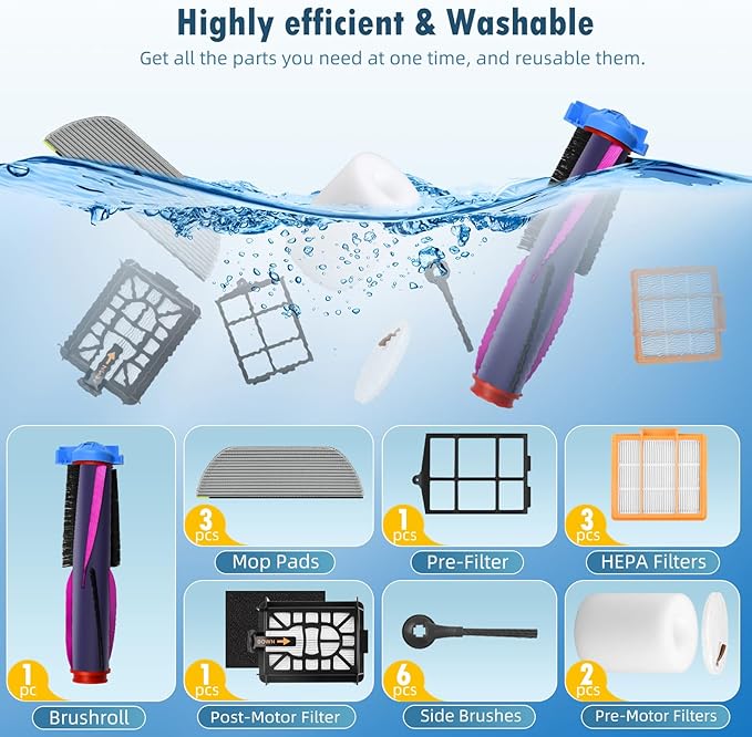18 Pack Accessories for Shark AV2800ZE / RV2820YE / RV2820ZE Robot Vacuum & Mop Combo, 1 Brushroll, 3 Mop Pads, 3 HEPA Filters, 1 Pre-Filter, 6 Side Brushes, 1 Post-Motor Filters, 2 Pre-Motor Filters