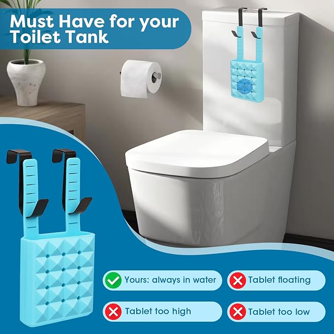 2Pcs Adjustable Toilet Tank Tablet Holder-Hanging Silicone Basket Carrier with Rustproof Hooks for Bowl Cleaner & Bleach Tablet Hanger Pouch Organizer, Accessory Fit Up to 7" Water Level