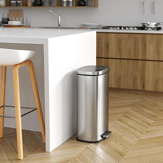 iTouchless SoftStep 8 Gallon Kitchen Step Trash Can with Odor Filter and Removable Inner Bucket, Stainless Steel 30 Liter Rectangular Pedal Garbage Bin for Home, Office, Silent and Gentle Lid Close