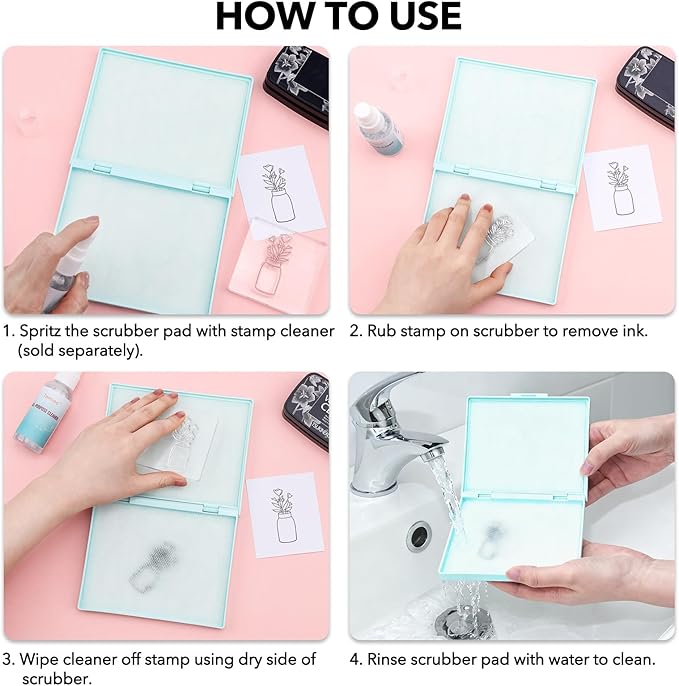 Briartw Stamp Cleaning Kit:Blue Stamp Scrubber & All-Purpose Stamp Cleaner Spray | Dual-Sided Cleaning Pad for Rubber, Clear, Cling & Foam Stamps | Complete Care for Water-Based & Permanent Inks