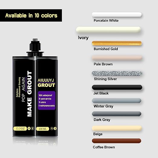 Epoxy Grout Ivory 13.5 fl oz |Water & Stain Resistant & Zero Maintenance|1:1 Auto-Mix Technology|24hr Ready-to-Use|Perfect for Shower Kitchen Pool | 10 Pearl Finishes for Tile & Stone