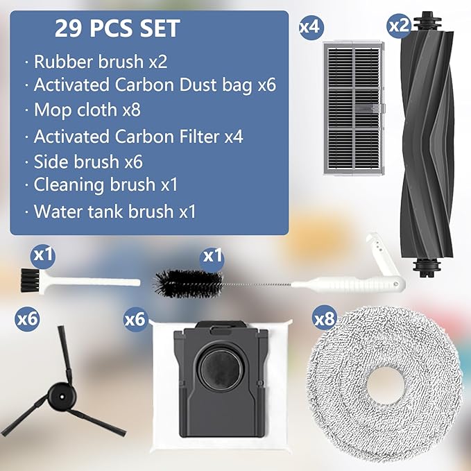 Yivy X40 Ultra Accessories for Dreame L40 Ultra/X40 Master,Mova P50 Pro Ultra/Mova P10 Pro Ultra Vacuum Cleaner,Replacement Parts: 2 Main Brushes, 4 Carbon HEPA Filters,6 Carbon Dust Bags 29 PCS