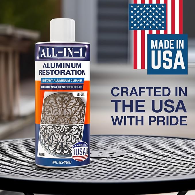 All-In-1 Aluminum Cleaner & Restoration Solution – Made in USA, Restores Faded Patio Furniture, Garage Doors, & Outdoor Fixtures, Aluminum Brightener & Restorer for All Painted Metal Surfaces, 16 OZ