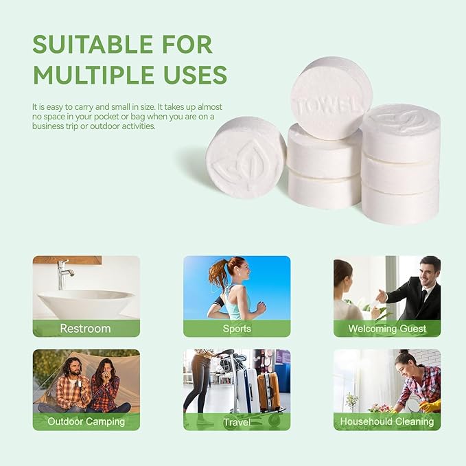 LEKOCH 100 Pcs Compressed Towel Tablets, Portable Coin Tissues for Travel & Camping, Cotton Disposable Washcloths, Biodegradable Facial & Body Wipes