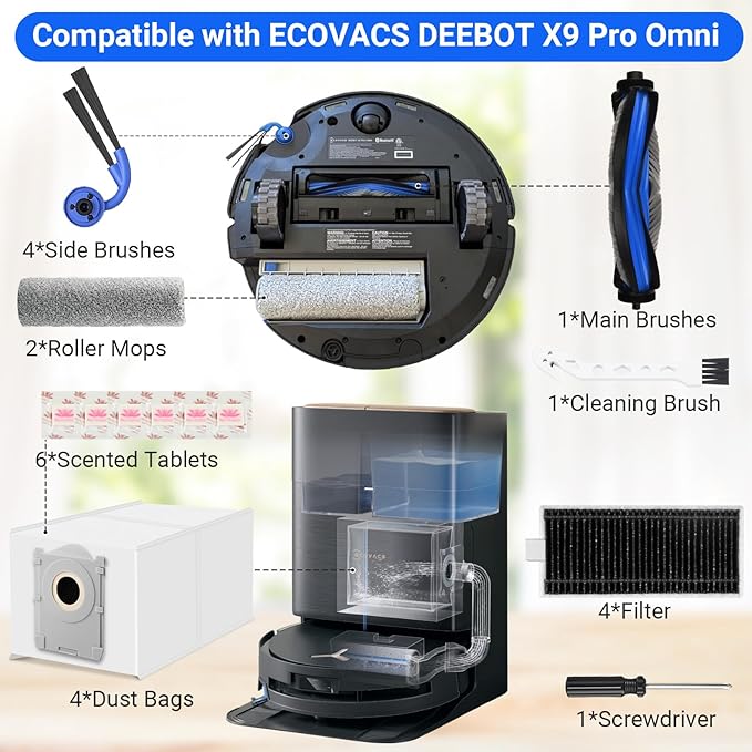 23 PCS X9 Pro Omni Replacement Parts for Ecovacs Deebot X9 Pro Omni Vacuum Cleaner Parts with 1Roller Brush,2 Mop,4 HEAP,4 Dust Bags,4 Side Brushes,1 Screwdrivers,1 Clean Brush