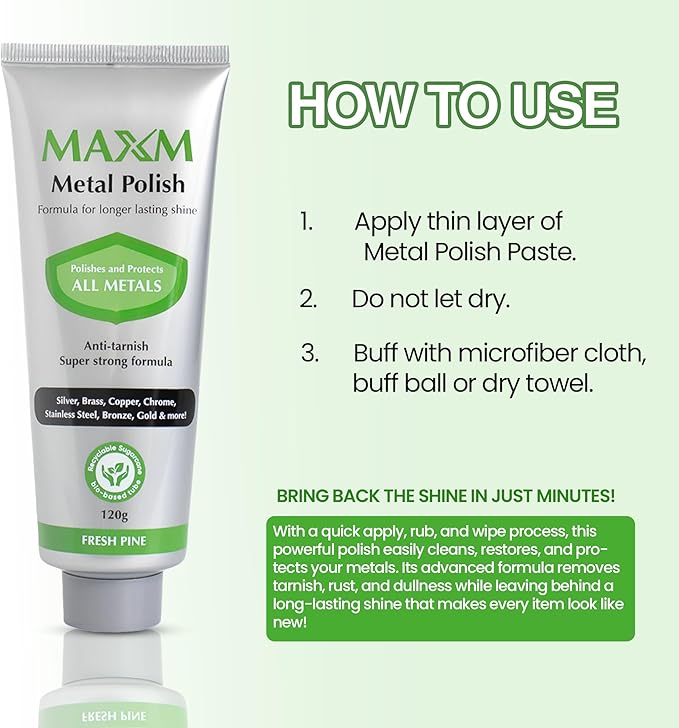 MAXM Metal Polish Paste for Stainless Steel Polish, Chrome Polish & Aluminum Polish – Rust Remover for Metal, Stainless Steel Scratch Remover, Polishing Compound Non-Toxic, Fresh Pine Scent, 4.2 oz