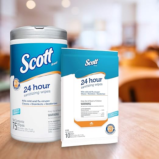 Scott 24 Hour Sanitizing Wipes – Multi-Surface Cleaning & Disinfecting, Continuous Sanitization for 24 Hours – (41526), 50 Packs x 10, 500 Wipes