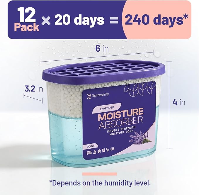 Premium Moisture Absorbers and Dehumidifier Tubs – High-Efficiency Closet Dehumidifier and Dehumidifier for Car, Odor Control Lavender, 12 Pack, 7.5 Oz