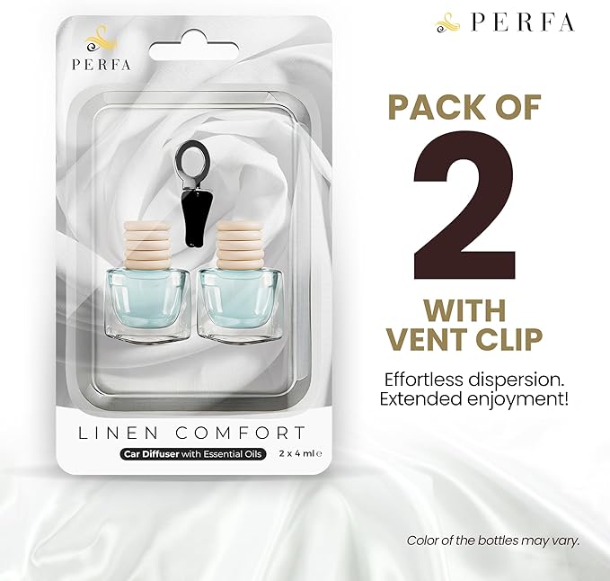 Car Air Fresheners for Men and Women - Linen Comfort | Pack of 2 Car Scents Air Freshener | 4ml Odour Eliminator Diffuser with Essential Oils | Air Fresheners Vent Clip Included by Perfa