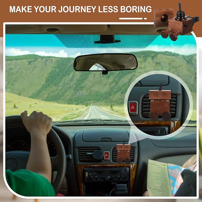 2 Pcs Cute Shaking Wooden Man Car Air Freshener Diffuser, Natural Walnut Wood Car Vent Clip Aromatherapy Diffuser, Funny Dancing Robot Scent for Dashboard Interior Decoration Gift, Not Contain Oils