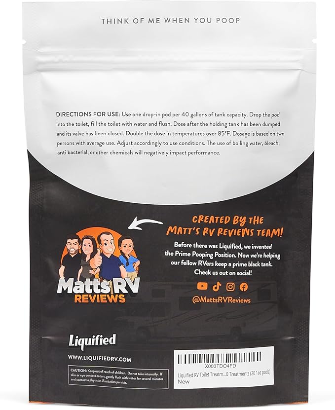 Liquified RV Toilet Treatment Drop-Ins - Prevents Tank Odors - Breaks Down Waste and Tissue - Septic Tank Safe - Matts RV Reviews - Lavender Scent - 20 Treatments (20 1oz pods)