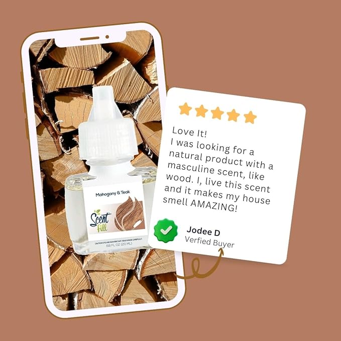 Scent Fill Mahogany Teak Plug in Air Freshener, Scented Oil Refills, 2 Refills + Diffuser
