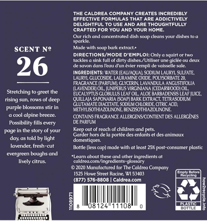 Caldrea Dish Soap, Biodegradable Dishwashing Liquid made with Soap Bark and Aloe Vera, Lavender Cedar Leaf Scent, 16 oz