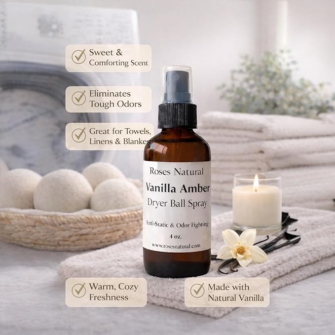 Natural Dryer Ball Spray, 4 oz, Patchouli, Lavender,Essential Oil Laundry Refresher, Fabric Freshener for Clothes, Linens & Wool, Anti-Static & Odor Neutralizer, Made in the USA (Vanilla Amber)