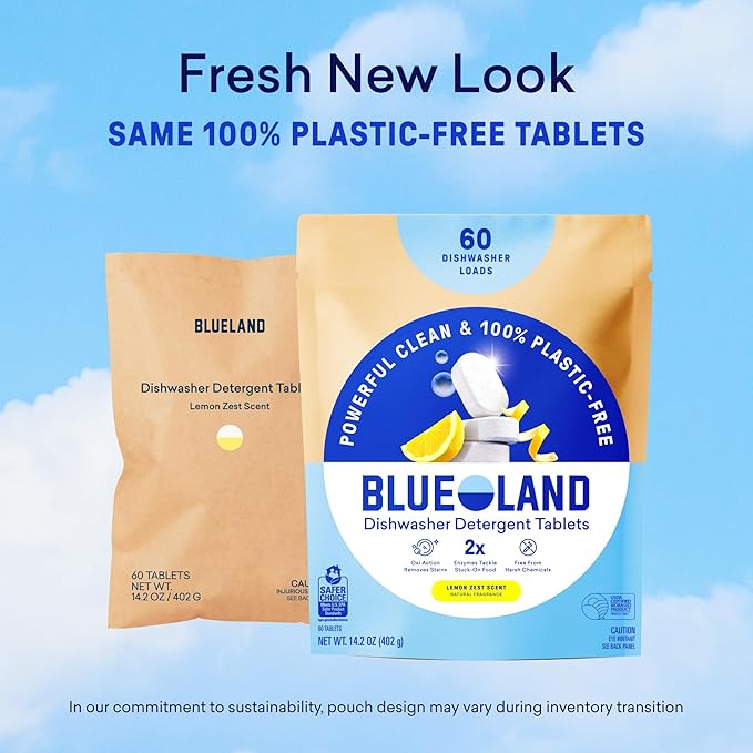 BLUELAND 100% Plastic-Free Dishwasher Detergent Tablets, 36 Count, Lemon Zest Scent, Eco Friendly Dishwashing Pods, Natural, USDA Certified biobased