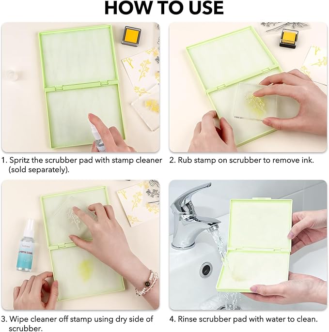 Briartw Stamp Cleaning Kit:Yellow Stamp Scrubber & All-Purpose Stamp Cleaner Spray | Dual-Sided Cleaning Pad for Rubber, Clear, Cling & Foam Stamps | Complete Care for Water-Based & Permanent Inks