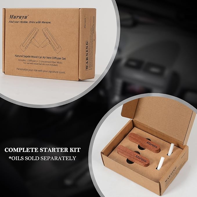 2-Pack Car Vent Clip Diffuser, Natural Sapele Wood Car Air Freshener for Essential Oils, Refillable Solid Wood Design (No Essential Oils)