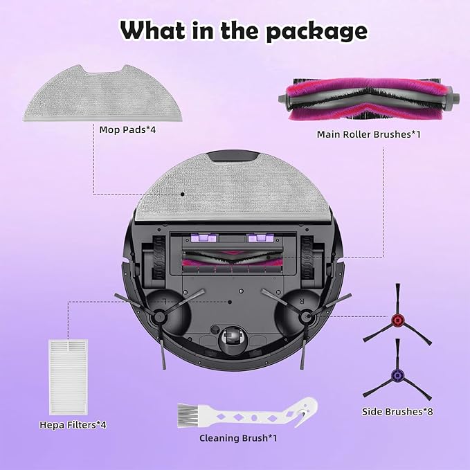 18 Pack E10s Accessories Kit Replacement Compatible with Eureka E10S / E20 Plus Robot Vacuum Cleaner, 1 Main Roller Brushes, 8 Side Brushes, 4 Hepa Filters, 4 Mop Pads,1 Cleaning Brush